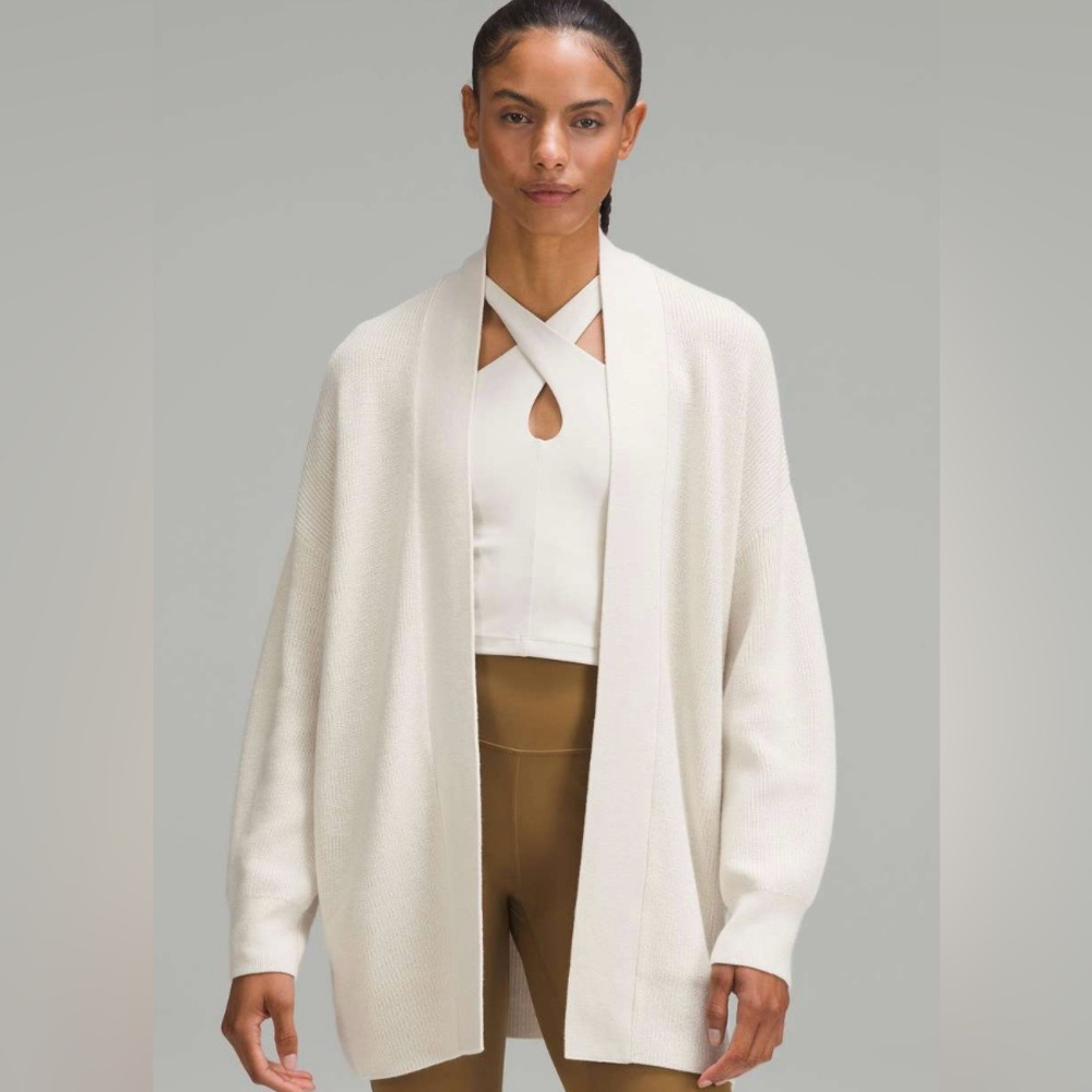* Lululemon Bone Long Ribbed Wrap Sweater Open-Front Cardigan Wool Blend *
